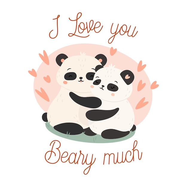 Ich liebe dich bärig süßes pandabären-paar umarmt das valentinstagskartenkonzept vektorillustration