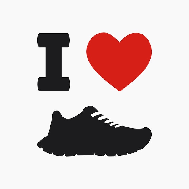 Ich liebe SneakerZitat mit rotem Herz. Paar schwarze Turnschuhe