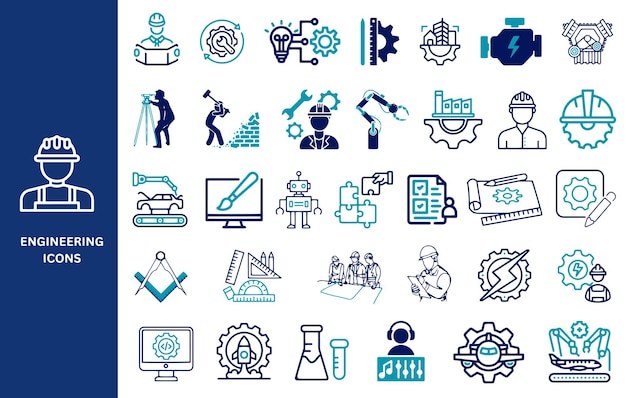 Icon Set Ingenieurwerkzeuge Motor Bauarbeiter mechanische industrielle Ikonen