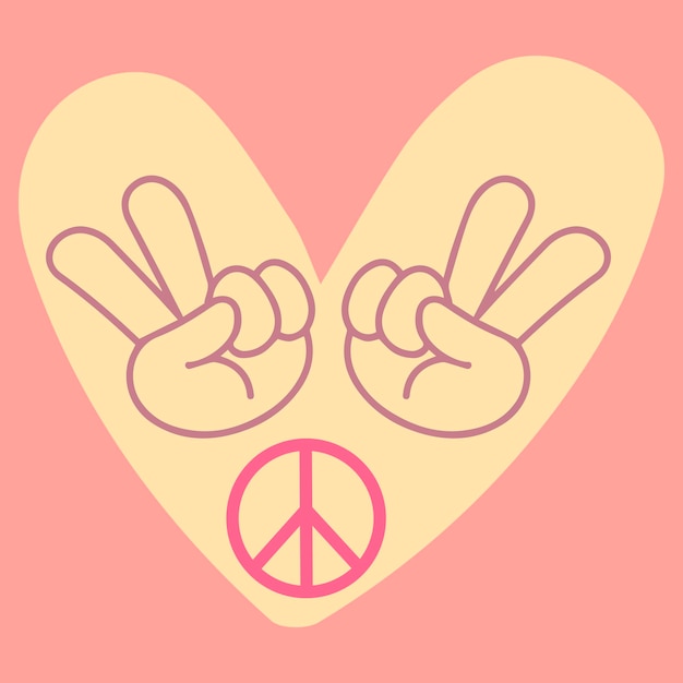 Icon-sticker im hippie-stil mit herz peace-zeichen und victory-zeichen