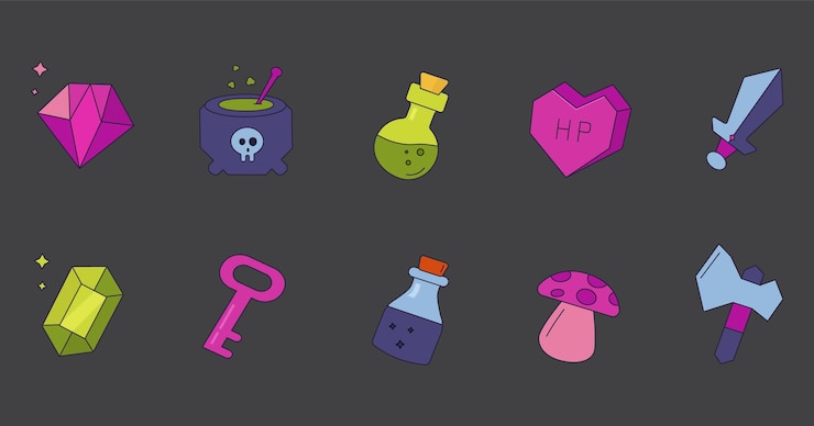 Vektor icons für handyspiele fantasy-set