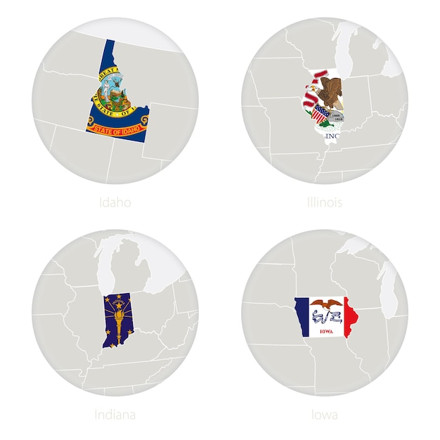 Idaho, illinois, indiana, iowa us-bundesstaaten zeichnen kontur und nationalflagge in einem kreis auf. vektor-illustration.