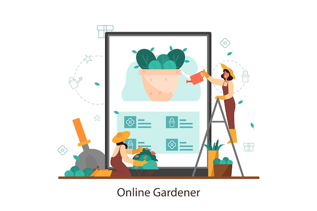 Idee des online-service für garten- und gartenbau-designer. frau, die blume im topf wässert. weiblicher charakter, der bäume und busch pflanzt. isolierter flacher illustrationsvektor