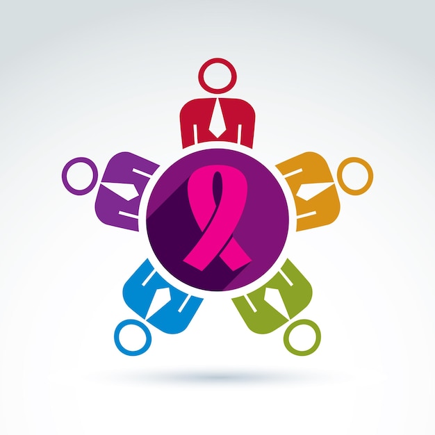 Idee zur sensibilisierung für brustkrebs. gruppe kooperierender personen – internationale vereinigung für weiblichen gesundheitsschutz. vektorillustration einer teambesprechung.