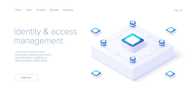Identitäts- und zugriffsverwaltungsillustration im isometrischen vektordesign. abstraktes rechenzentrum oder blockchain. netzwerk-mainframe-infrastruktur. layoutvorlage für webbanner.