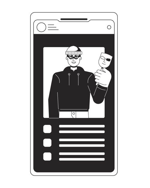 Identitätsdiebstahl bw-Konzept Vektor-Spot-Illustration Diebstahl von Daten Smartphone-Bildschirm 2D-Cartoon flache Linie monochromatisches Objekt für Web-UI-Design Cybercrime bearbeitbares isoliertes Umriss Heldenbild