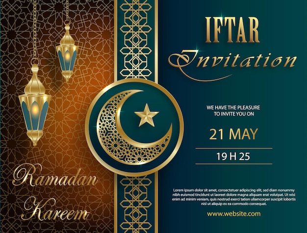 Iftar-einladungskarte für ramadan kareem auf islamischem hintergrund mit halbmond und goldmuster auf papierfarbenem hintergrund für event und party