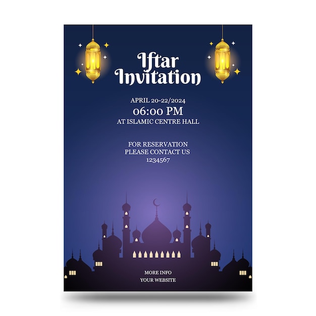 Vektor iftar-einladungsvorlage mit einer schönen moschee und laternen in der nacht