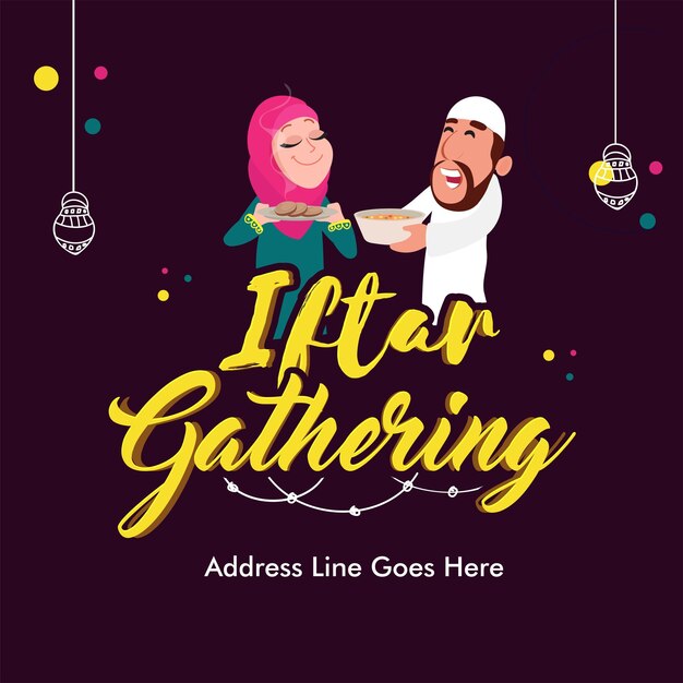Iftar gathering poster oder einladungskarte mit fröhlichen islamischen paaren, die köstliche speisen auf violettem hintergrund halten