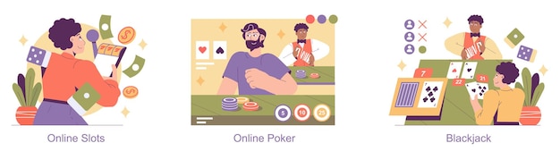Igaming-Set, das sich mit Online-Slots, Poker und Blackjack von zu Hause aus beschäftigt. Farbige Illustration von Spielern
