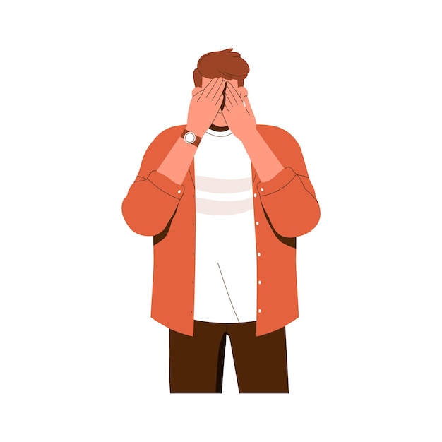 Ignorieren, die Augen mit den Handflächen schließen, Mann, der sich bedeckt, das Gesicht verbirgt, den Blick vermeidet, sich weigert, blind zu sehen. Unwissenheit, Konzept, flache Vektorillustration, isoliert auf weißem Hintergrund.