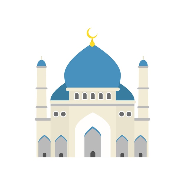 Vektor ikone der islamischen moschee traditionelle religiöse architektur ort der muslimischen anbetung gebäude mit blauer kuppel und goldenem halbmond oben flache vektordarstellung isoliert auf weißem hintergrund