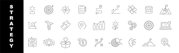 Vektor ikonen der geschäftsstrategie strategie ziel finanzierungsziel ikonensatz erfolg lineare ikonen illustration