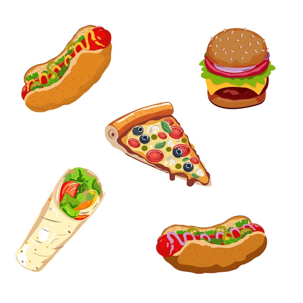 Ikonen des Straßenfastfoods Cartoon-Lebensmittel-Illustration Hotdog-Hamburger-Pizza und Shawarma