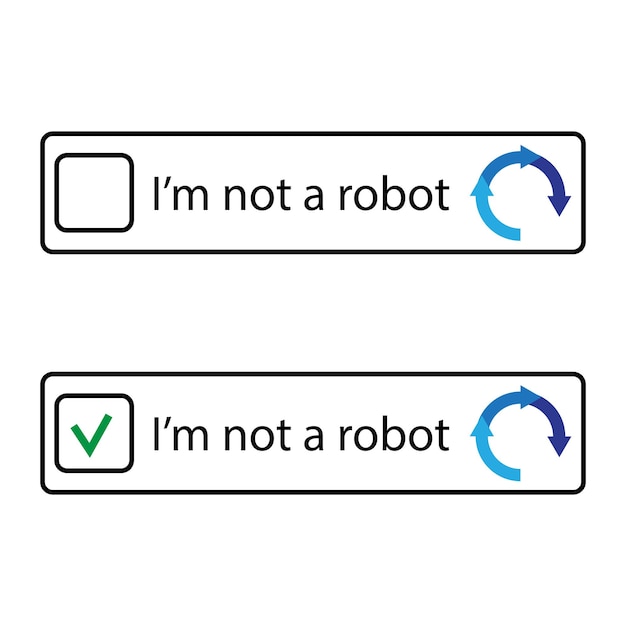 Ikonen für die Captcha-Verifizierung Ankreuzkästchen mit dem Text "Ich bin keine Robot-Nachricht" Grünes Ankreuz bestätigt