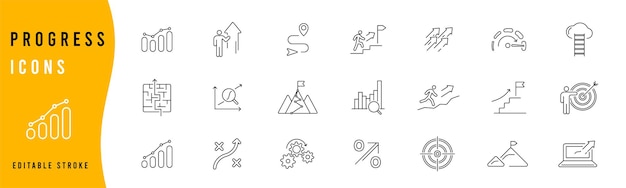 Ikonen für geschäftsfortschritt ikonensatz für wachstum erfolg lineare ikonen illustration