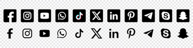 Vektor ikonen für soziale medien schwarzfarbige social-media-logo-sammlung setze beliebte social-media-ikonen facebook instagram youtube tiktok whatsapp x und mehr