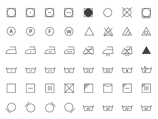 Vektor ikonen für wäscheanweisungen wäsche- und reinigungssymbole kleidungspflege anweisungen für die reinigung von textilien flachstil vektor isolierter satz