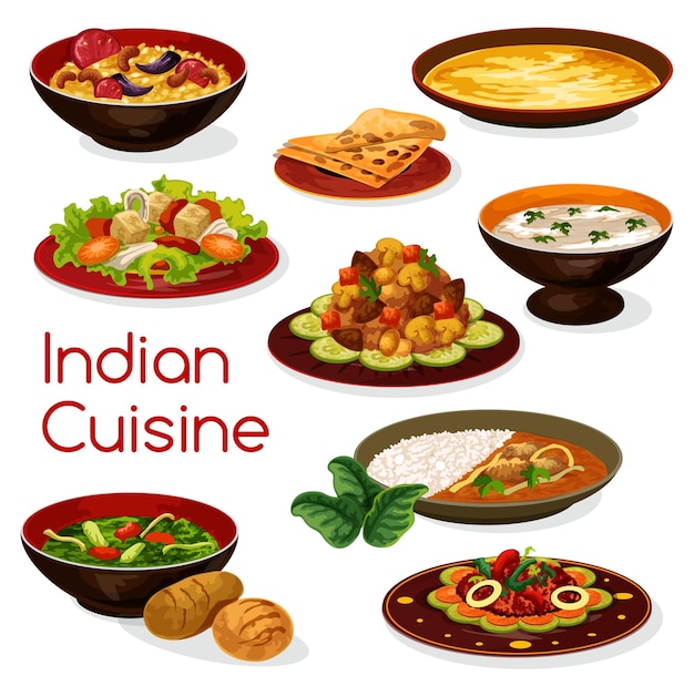 Vektor ikonen und gerichte der indischen küche