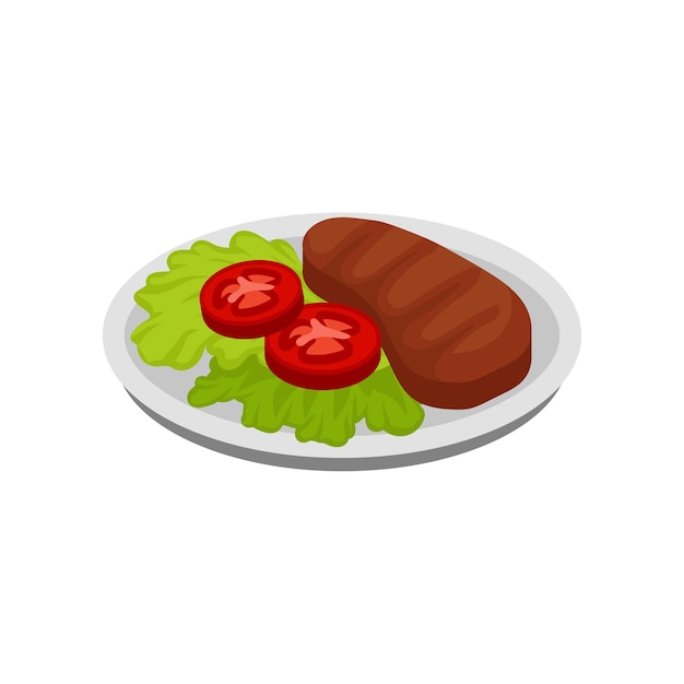 Ikonen von Teller mit Salatblättern, Tomatenscheiben und gegrilltem Fleischsteak, leckeres Essen zum Abendessen, grafisches Element für ein Café- oder Restaurantmenü, isometrische Vektorillustration, isoliert auf weißem Hintergrund