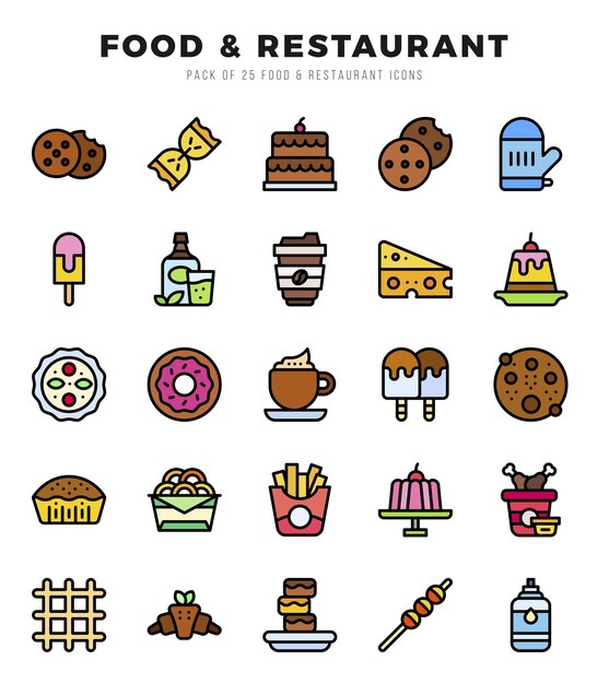 Vektor ikonensatz essen und restaurant für web-app-vektorillustration