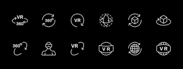 Ikonensatz für virtuelle Realität Horizons Spiele VR 360 Helm Scrolling Inspektion Weiße Linien-Ikonen auf schwarzem Hintergrund Vektor-Linien-Iconen für Unternehmen und Werbung