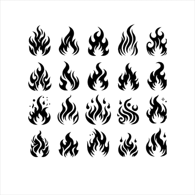 Ikonensatz mit flacher Flammen-Silhouette