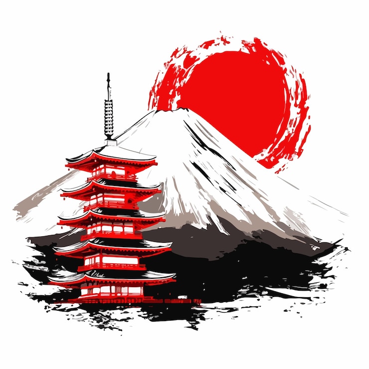 Vektor ikonischer berg fuji mit pagode und koinobori-flagge
