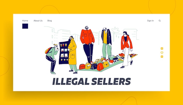 Illegale verkäufer zeichen business landing page template. schmuggler verkaufen auf dem schwarzmarkt