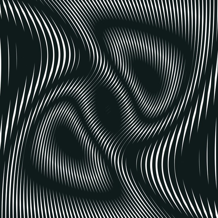 Vektor illusiver hintergrund mit schwarzen chaotischen linien, moiré-stil. kontrastieren sie das geometrische trance-muster.