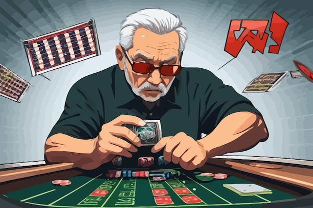 Vektor illustration alter mann spielt geld chips und münzen