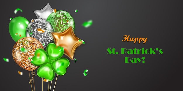 Illustration am st. patricks day mit mehreren farbigen heliumballons gewöhnlich und in form eines vierblättrigen kleeblatts und fallender serpentinenstücke auf schwarzem hintergrund