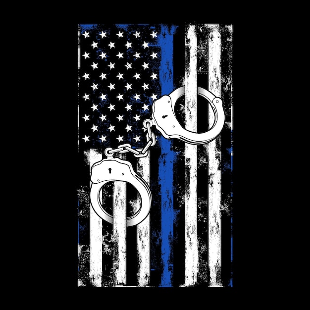 Vektor illustration amerikanische polizeiflagge mit handschellen und distressed-effekt