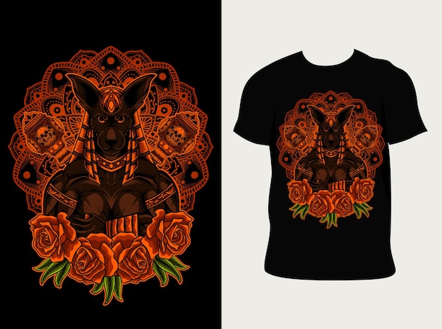 Illustration Anubis Gott mit Mandala und Rose