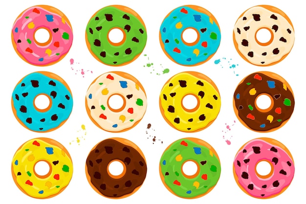 Illustration auf dem thema großes set verschiedene arten klebrig donuts süße donuts verschiedener größe donut muster bestehend aus sammlung organischer donuts aus klebrigem gebäck klebrig donuts ist lecker donuts