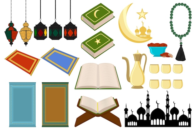 Illustration auf Thema großes farbiges Set verschiedene Arten Gegenstand zu Feiertag Ramadan Kareem Muster bestehend aus religiöser Sammlung Ramadan Kareem Zubehör für den glücklichen Tag Ramadan Kareem