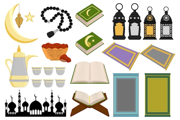 Illustration auf Thema großes farbiges Set verschiedene Arten Gegenstand zu Feiertag Ramadan Kareem Muster bestehend aus religiöser Sammlung Ramadan Kareem Zubehör für den glücklichen Tag Ramadan Kareem