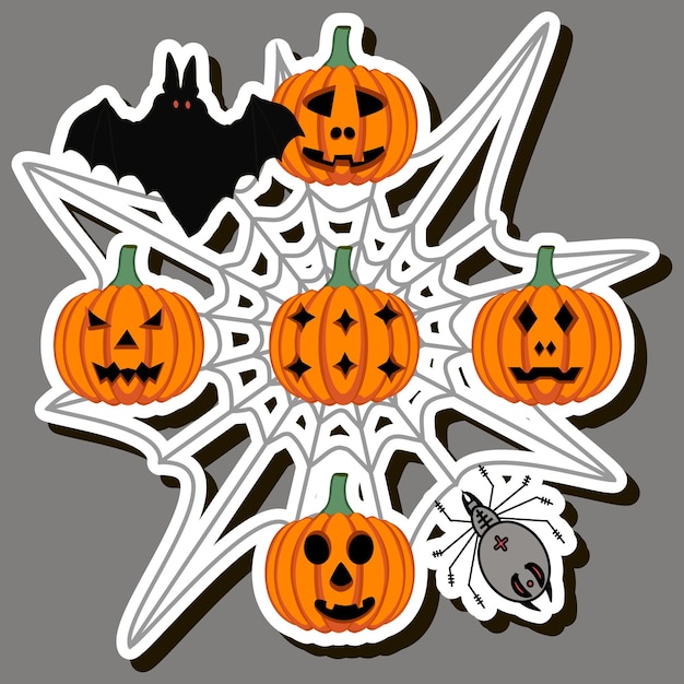Vektor illustration auf themenaufkleber für den feiertag halloween mit orangefarbenen kürbissen