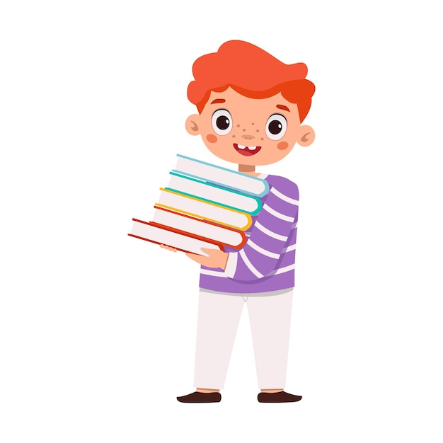 Illustration aus dem set mit schulkindern - ein schuljunge mit einem stapel bücher oder lehrbücher.