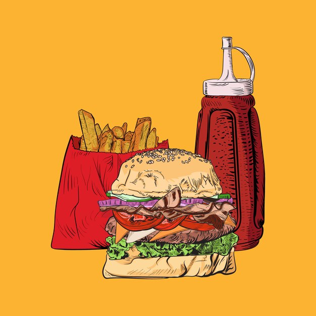 Illustration burger und pommes frites, leckeres beliebtes essen, fast-food-komplex, gravurstil