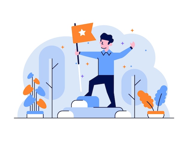 Illustration business achievement victory peak gewinner am besten halten flagge flachen umriss design-stil