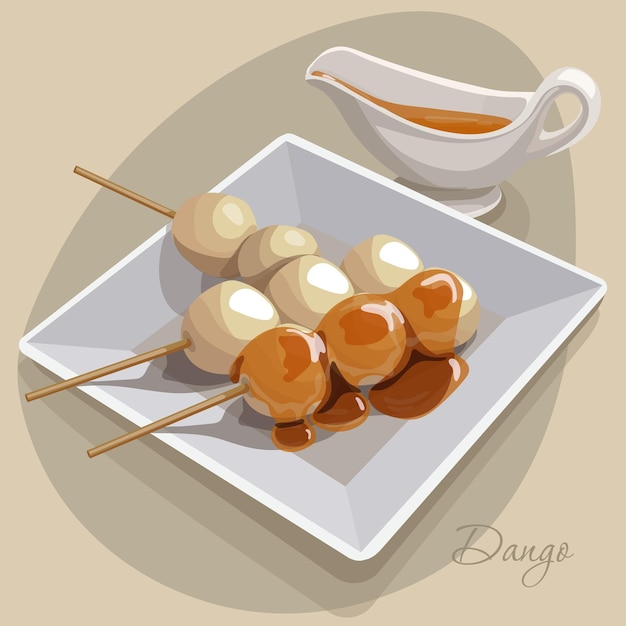 Vektor illustration der asiatischen dango-küche in soße köstliches reisdessert am stiel in süßer soße