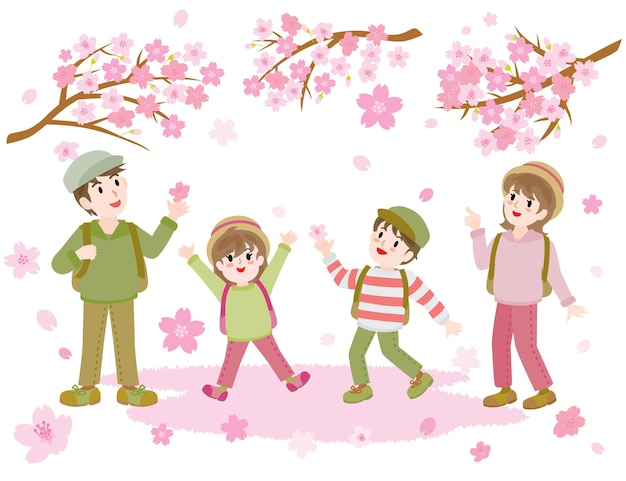 Illustration der familie, die im frühling die kirschblüte betrachtet