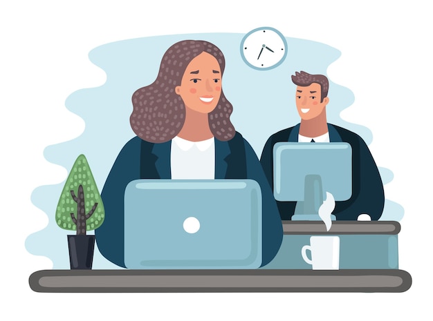 Illustration der frau und des mannes, die im büro hinter ihrem schreibtisch mit desktop-computer und kaffee arbeiten.