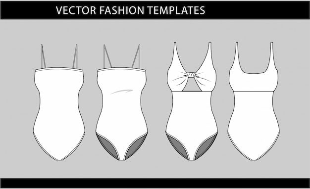 Illustration der frauen badeanzug vorder- und rückseite ansichten, mode flache skizze vorlage