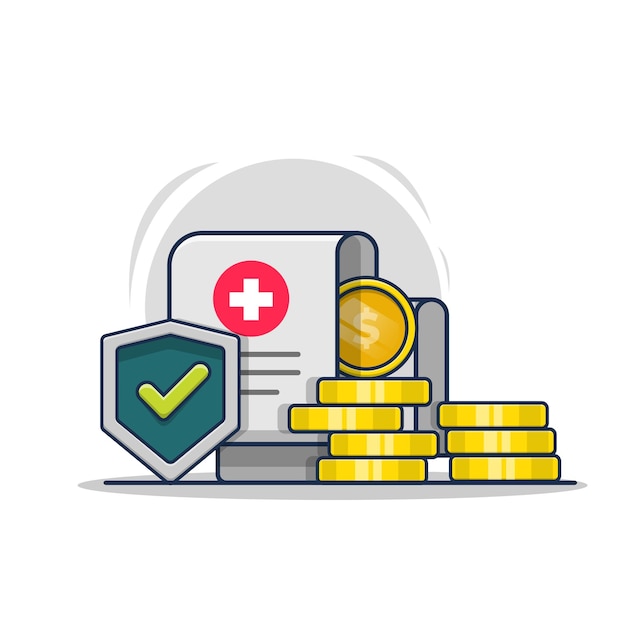 Illustration der gesundheitsdokumentikone mit schild- und goldmünzen-krankenschutzversicherung