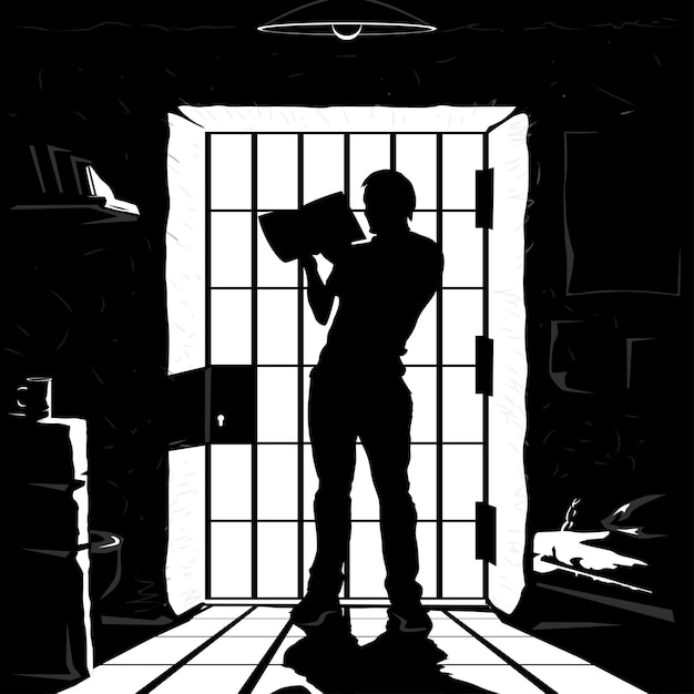 Vektor illustration der häftlingssilhouette, die ein buch nahe den stangen steht und liest