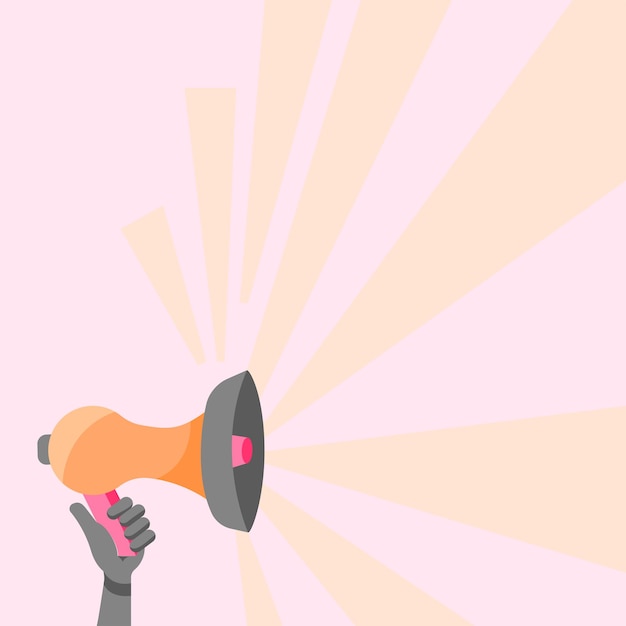 Illustration der Hand, die Megaphon mit Sonnenstrahl hält, der neue Ankündigung macht. Palm-Zeichnung mit Megaphon, die Lichtstrahlen erzeugt, die neue Werbung geben.