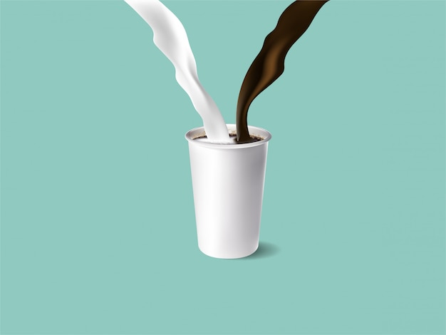 Illustration der kaffeemischung mit spritzender fließender milch in einer tasse kaffee