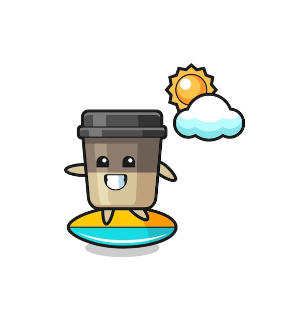 Illustration der kaffeetassenkarikatur beim surfen am strand